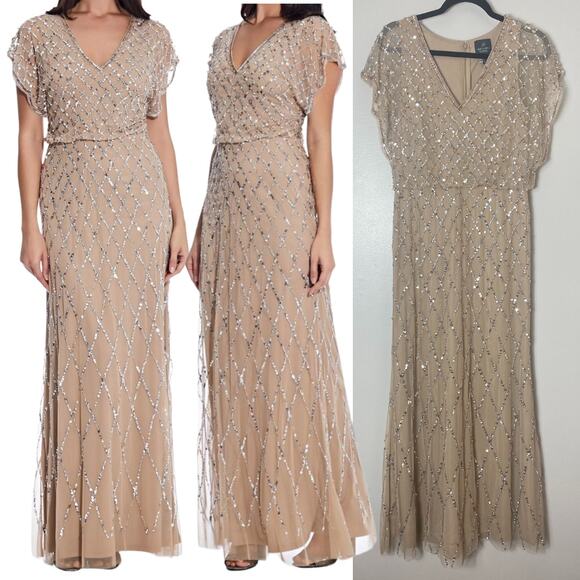 NWT ADRIANNA PAPELL DRESS 6 GOWN SEQUIN BEADED FLUTTER SLEEVE LONG MAXI TAN NUDE - Picture 1 of 15
